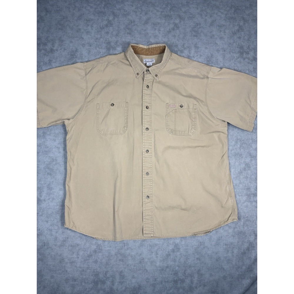 Carhartt S133 Shirt Mens 2XL Regular Tan Short Sleeve Workwear Button Down
